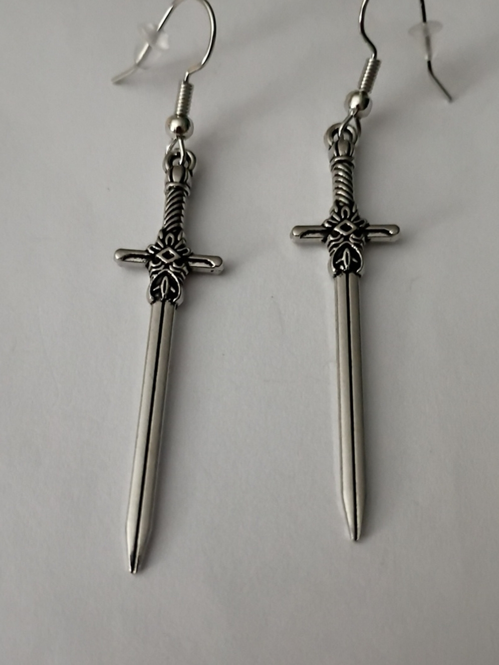 Men's Silver Sword Dangle Earrings - Gothic Cross Design